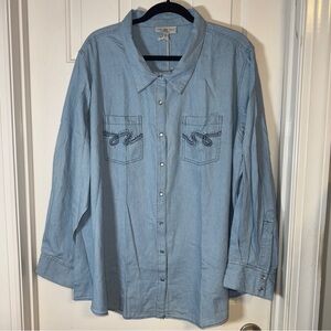 DIANE GILMAN, Blue, Pearly Button Down Long Sleeve Top NWT. Western. Rodeo. 3X
